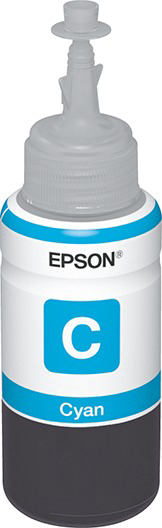 Una bottiglia bianca di inchiostro ciano con un'etichetta blu e un beccuccio grigio. La bottiglia è su sfondo bianco.