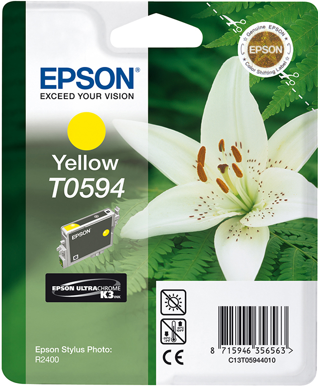 Epson Tintenpatronenverpackung, gelbe Tinte, Lilienblüte und Epson Logo auf weißem Hintergrund.
