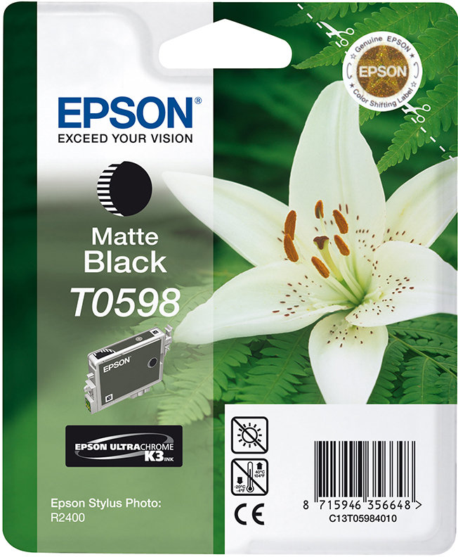 Verpackung zeigt Epson Matte Black Tintenpatrone und eine weiße Blume mit grünem Laub.