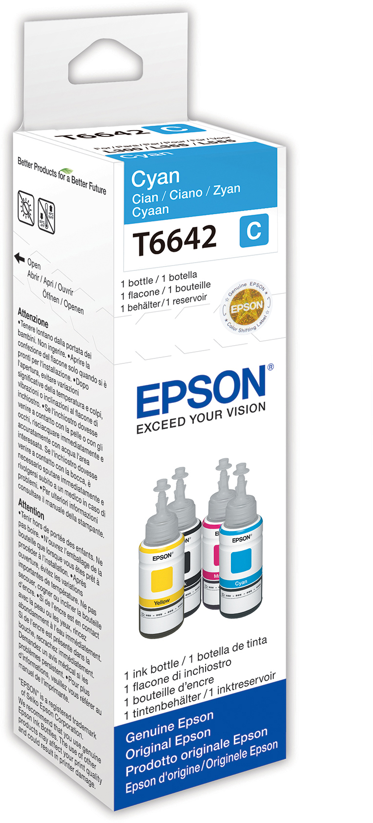 Confezione flacone inchiostro ciano Epson che mostra flaconi e testo.