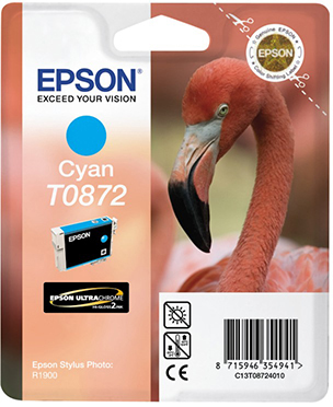 Epson cyan Tintenpatrone mit einem Flamingo-Bild auf der Verpackung.