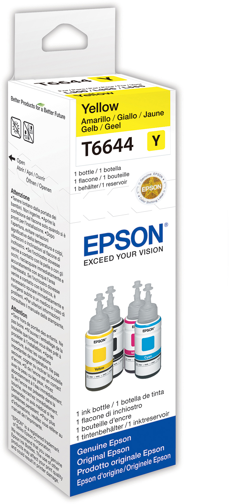 Epson Tintenflaschen-Verpackung. Enthält gelbe, magenta, cyan und schwarze Tintenflaschen, mit mehrsprachigem Text.