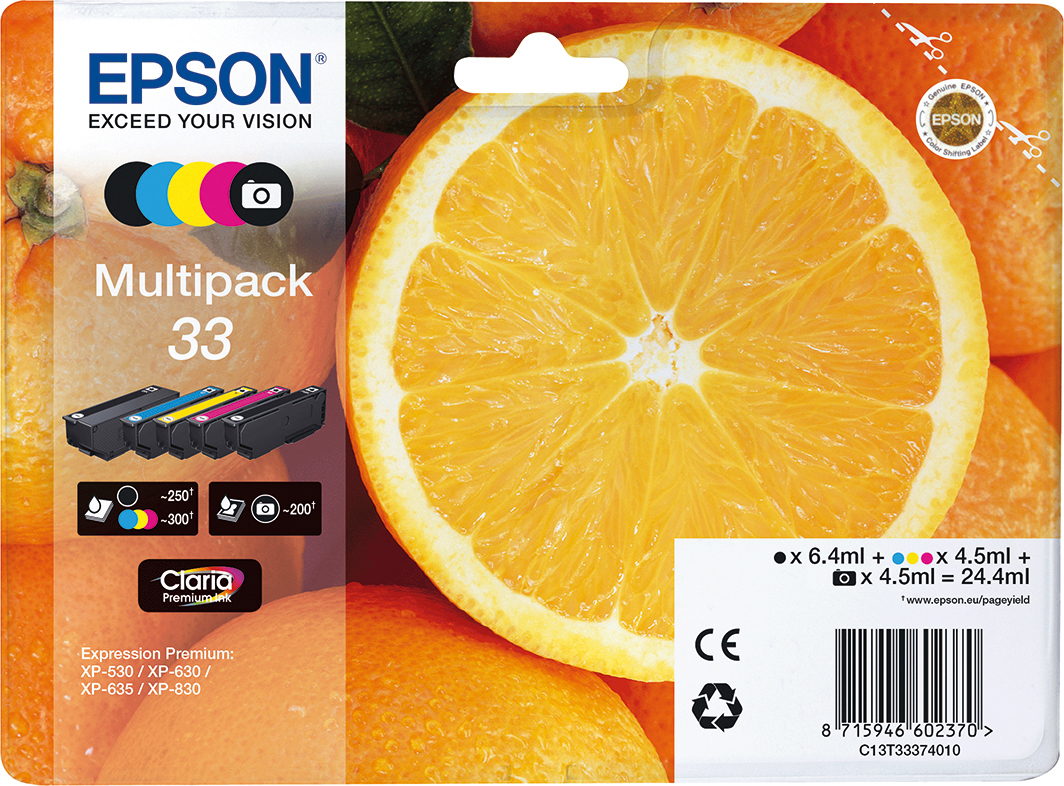 Epson Tintenpatronen-Packung. Orangenscheibe im Hintergrund. Text: Epson Multipack 33.