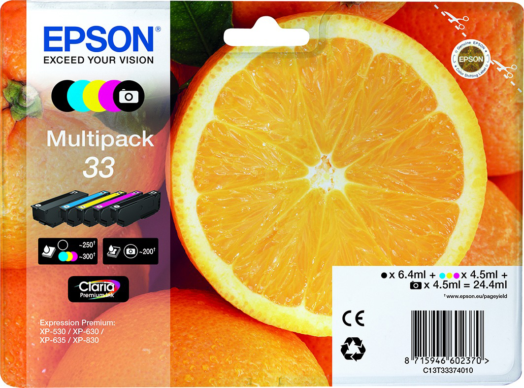 Epson Tintenpatronenpackung, Orangenscheiben-Hintergrund. Patronen: Schwarz, Gelb, Cyan, Magenta. Expression Premium XP-630.