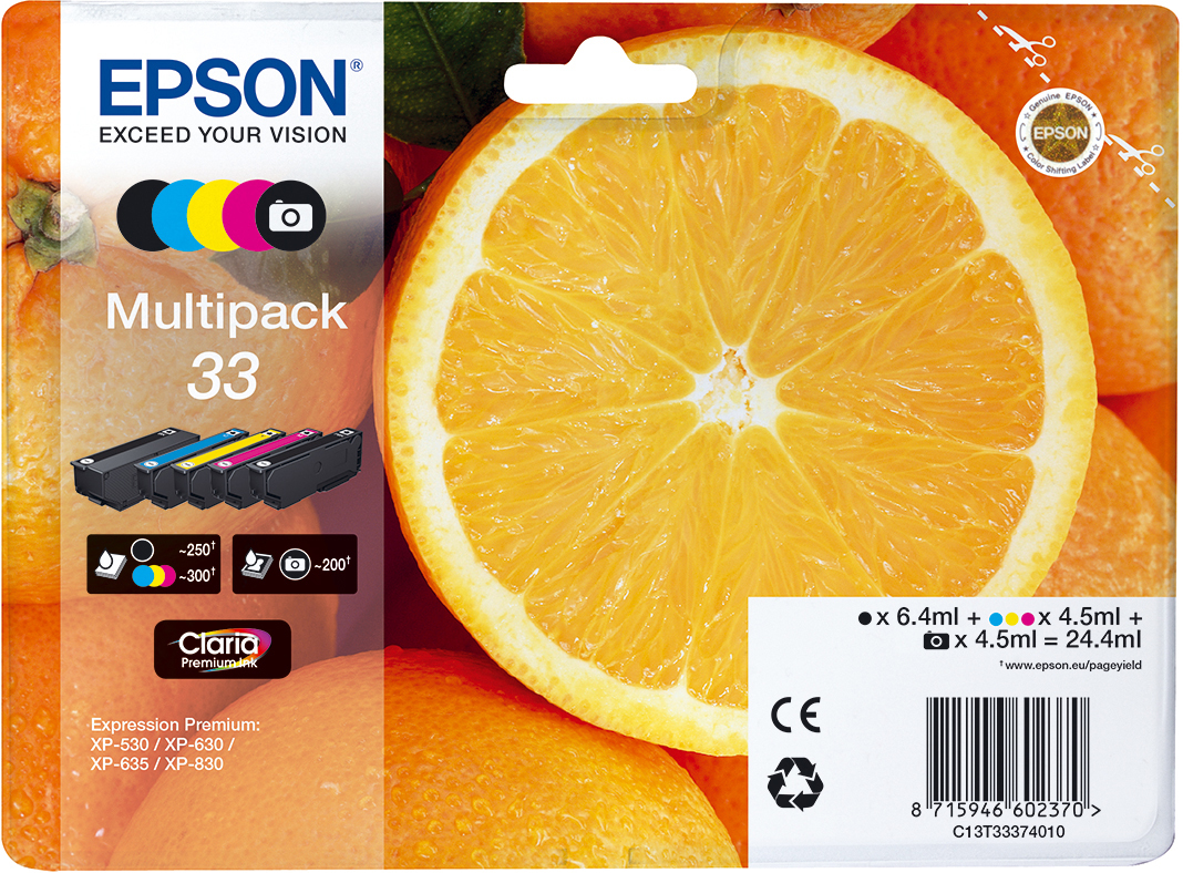 Multipack di cartucce d'inchiostro Epson con una fetta d'arancia e testo sulla copertina.