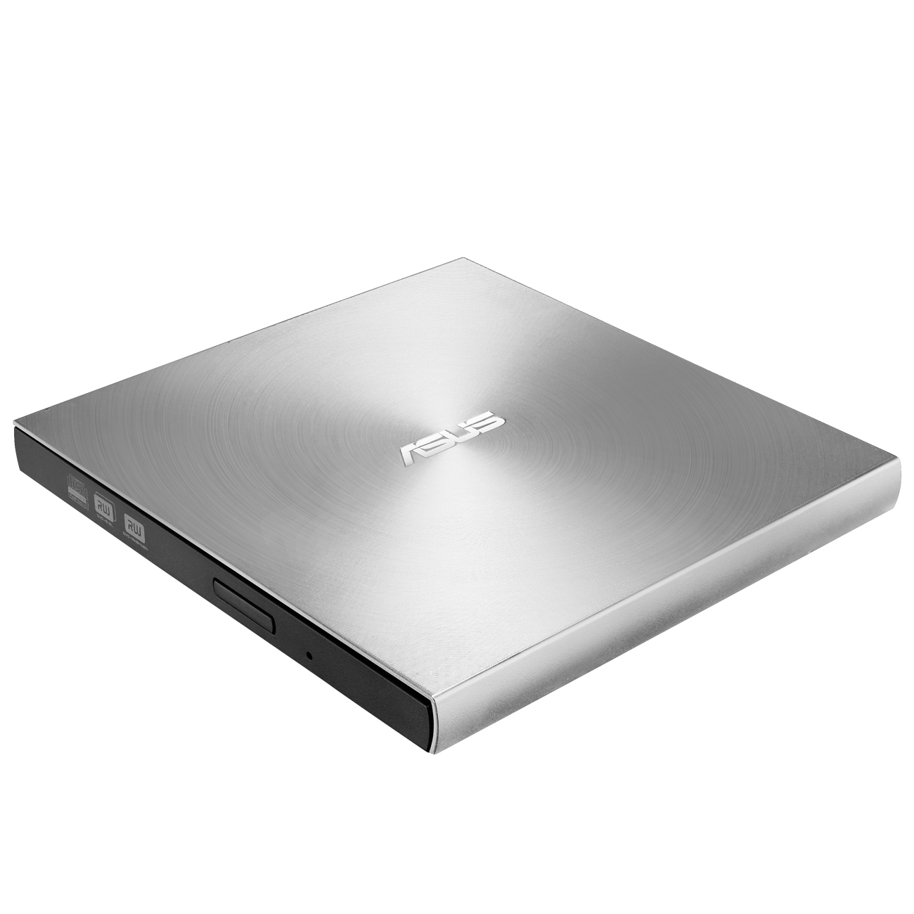 Silbernes externes ASUS-DVD-Laufwerk auf weißer Oberfläche. Es hat das ASUS-Logo.