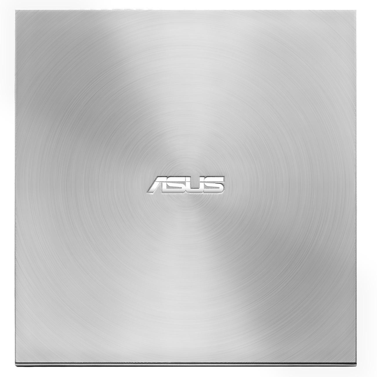 Silberner Laptopdeckel. Kreisförmige, gebürstete Metallstruktur, ASUS-Logo in der Mitte.