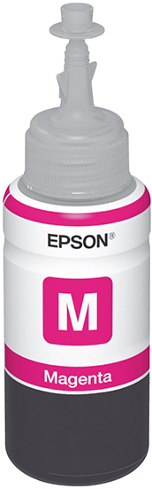 Flacone di inchiostro magenta Epson. Bottiglia bianca con etichetta quadrata magenta e tappo grigio.