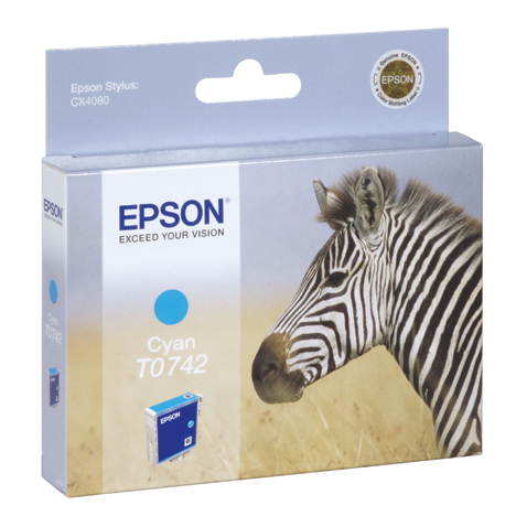 Epson Druckerpatronenbox mit Zebra-Illustration. Blau und weiß mit cyanfarbener Tinte.