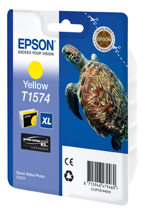 Epson Tintenpatronenverpackung mit Schildkrötenbild und gelber Tinte.