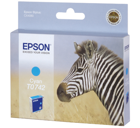 Epson Druckerpatronen-Box. Sie ist cyanfarben und hat ein Zebra-Bild.