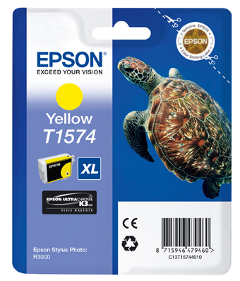 Epson Yellow T1574 XL Tintenpatronen-Verpackung mit Schildkröten-Grafik.
