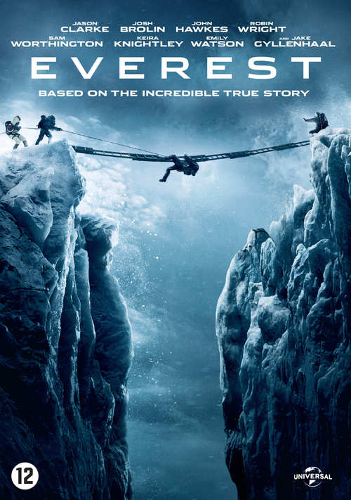 Filmposter: 'Everest'. Mensen op een touwbrug boven een ravijn in een besneeuwd berglandschap.