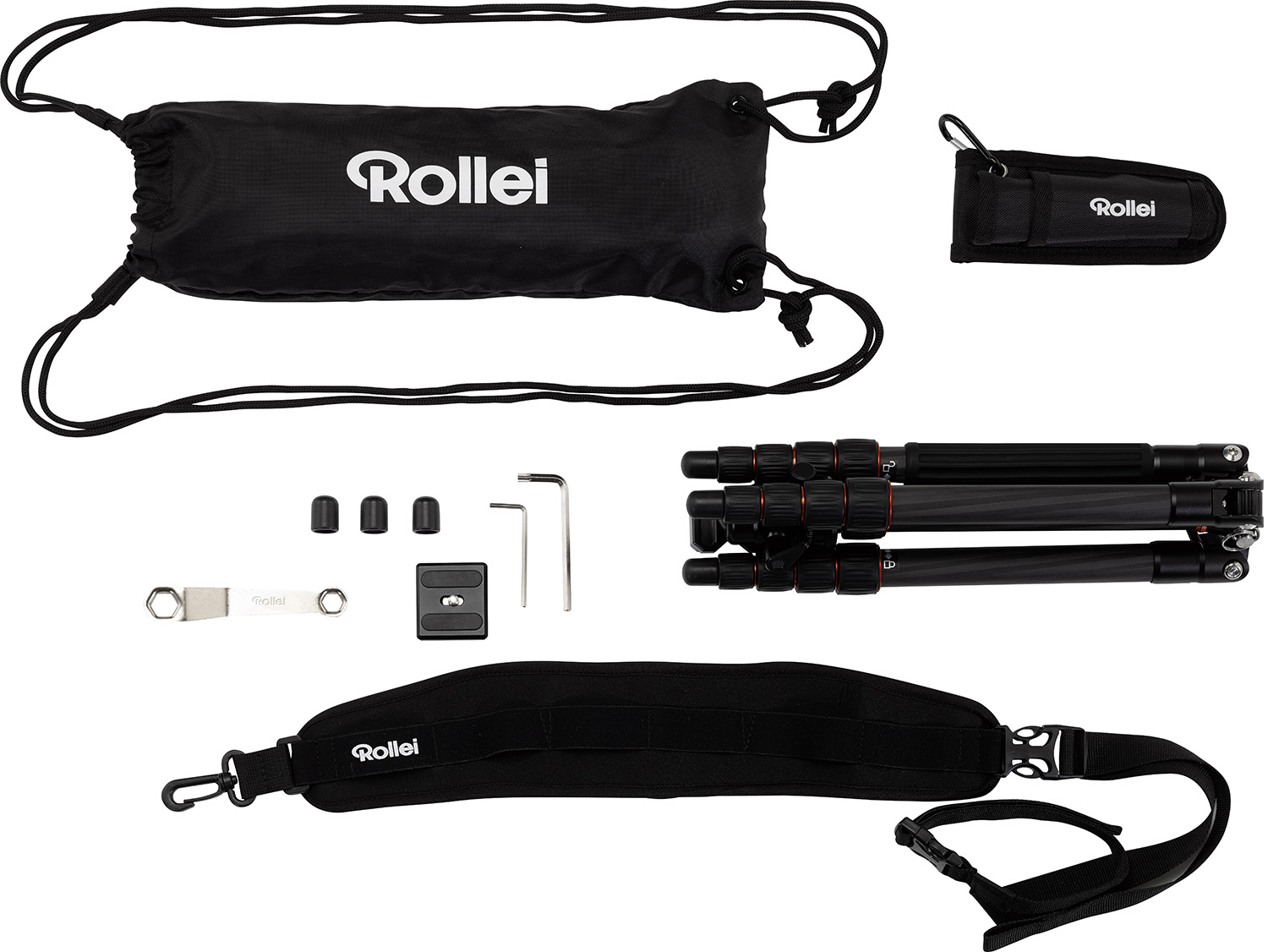 Een gedemonteerde Rollei statiefkit met diverse componenten.