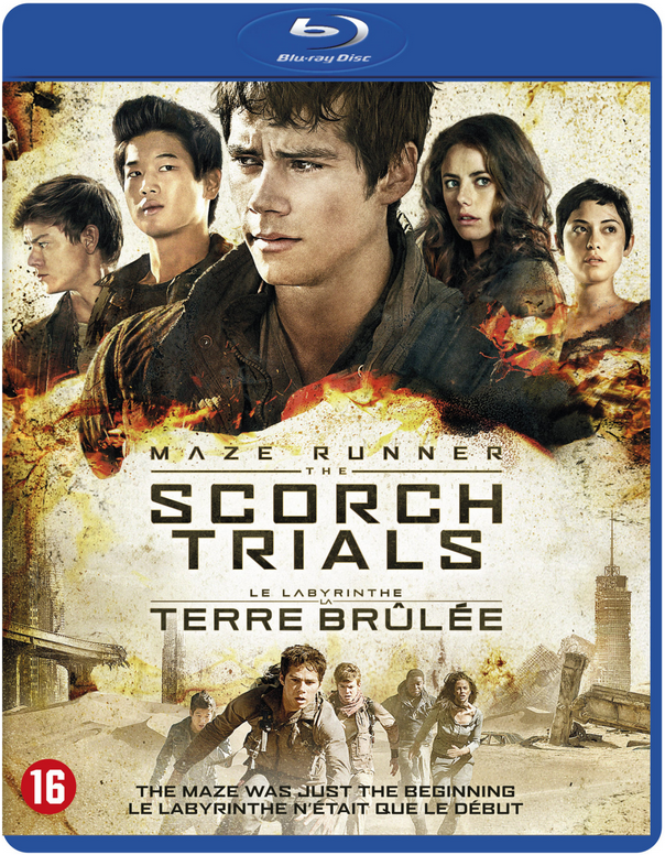 Blu-ray-hoes van 'Maze Runner: The Scorch Trials', met acteurs en een stadsachtergrond.