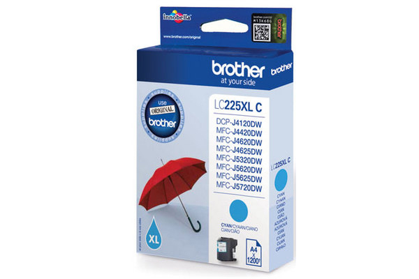 Boîte de cartouches d'encre. Bleu et blanc, avec une icône de parapluie rouge. Le texte comprend : Brother, LC225XL C, Cyan.