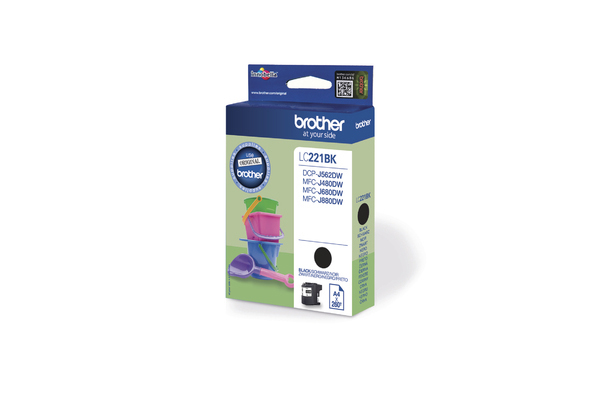 Cartuccia di inchiostro nero Brother LC221BK. Un set di giocattoli è mostrato a sinistra.