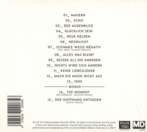 CD-Cover mit Text, der Songs auflistet. Album ist Schwarz Weiss Negativ. Der Hintergrund ist weiß mit Logo.