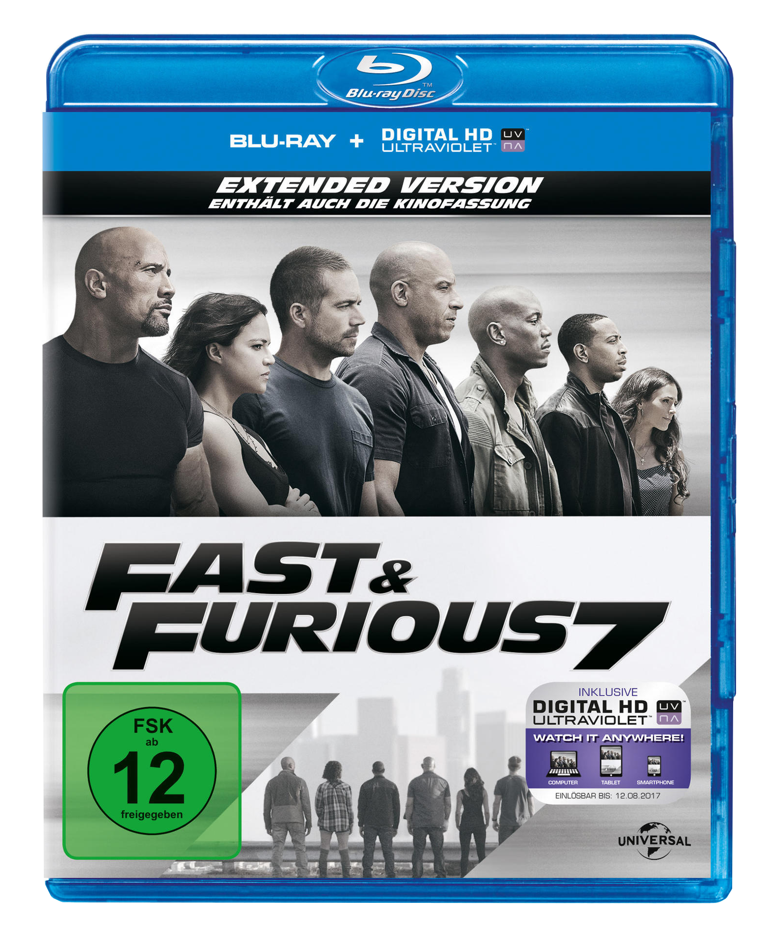 Fast & Furious 7 Blu-ray-Cover mit einer Gruppe von Personen.