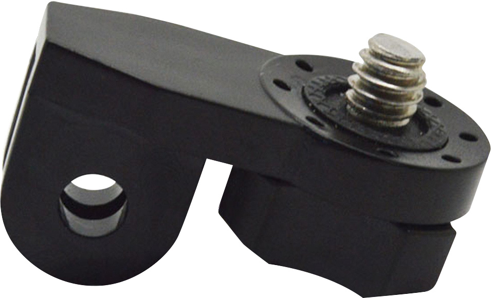 Black plastic accessory with a screw, with a mounting bracket and a hole.