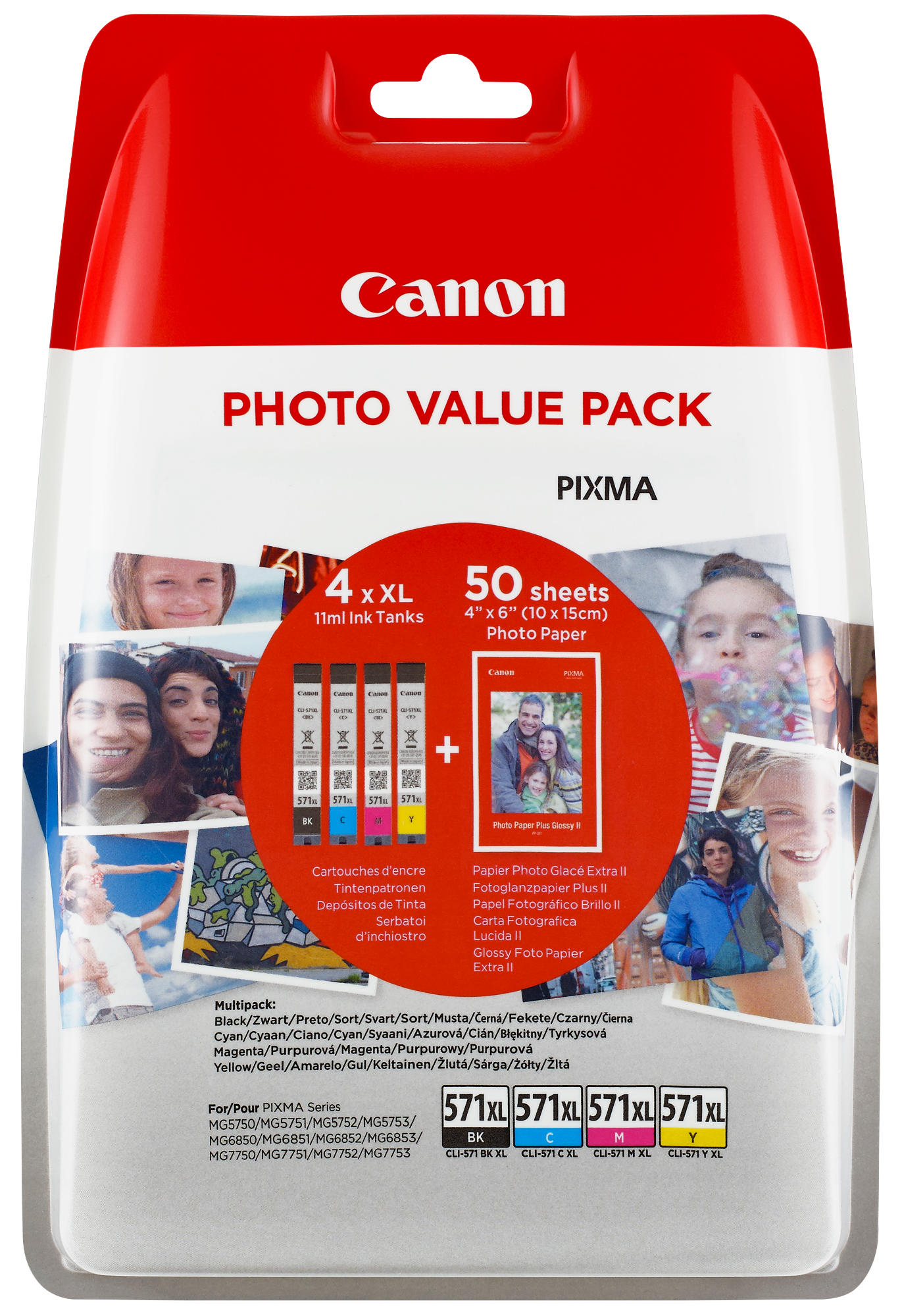 Confezione di cartucce d'inchiostro Canon. Contiene 4 serbatoi d'inchiostro e carta fotografica.