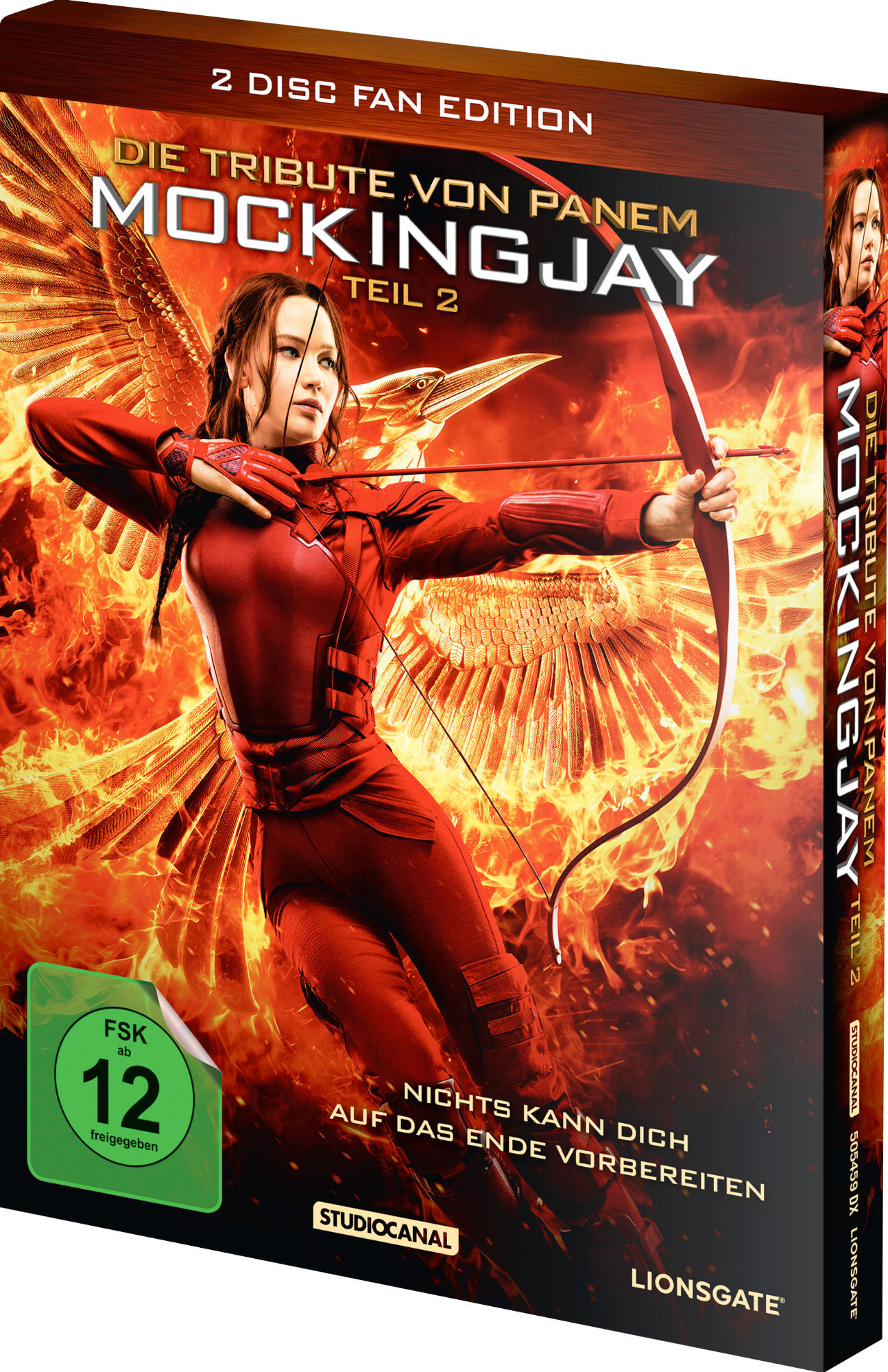 DVD-Cover, Mockingjay Teil 2. Eine Frau mit Bogen, Feuer und Studio-Logo. Rot und Orange.