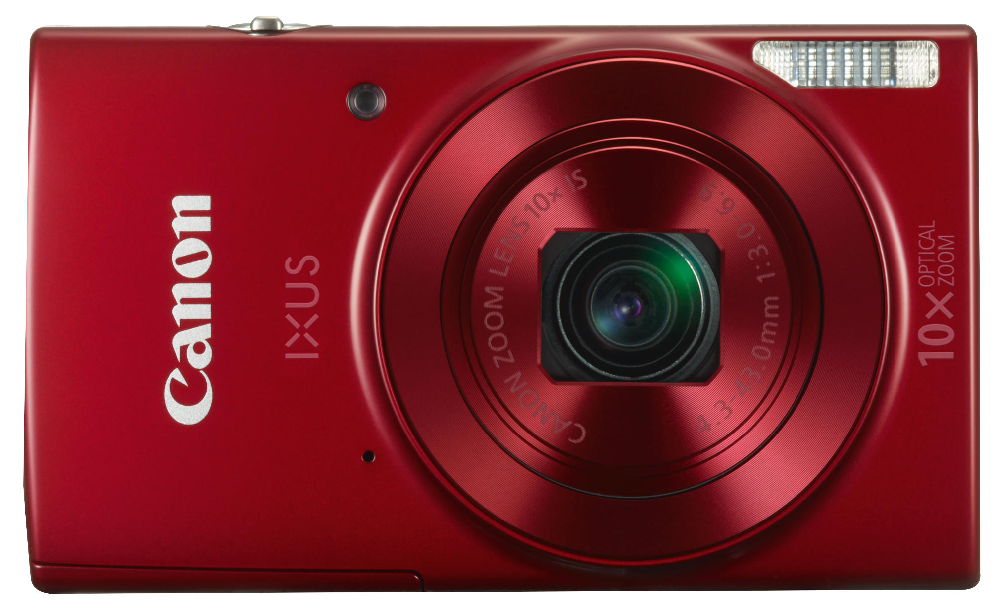 Rote Canon IXUS Kamera, Objektiv sichtbar. Blitz und Knöpfe sind auch sichtbar.