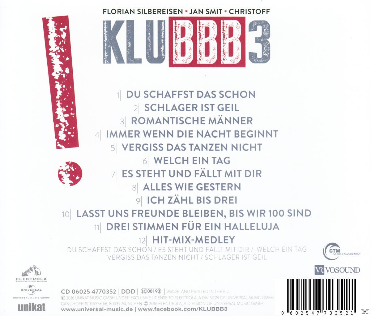 CD-Cover für Klubbb3 mit deutschen Songtiteln. Rote und weiße Akzente. Barcode und Logos unten.