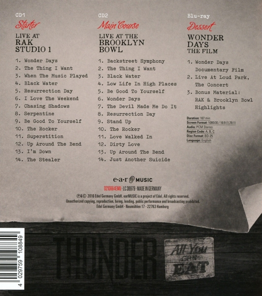 Rückseite eines CD-Covers mit Titellisten für 3 CDs mit dem Titel „Thunder“. Die CDs sind mit Starter, Main Course, Dessert beschriftet.