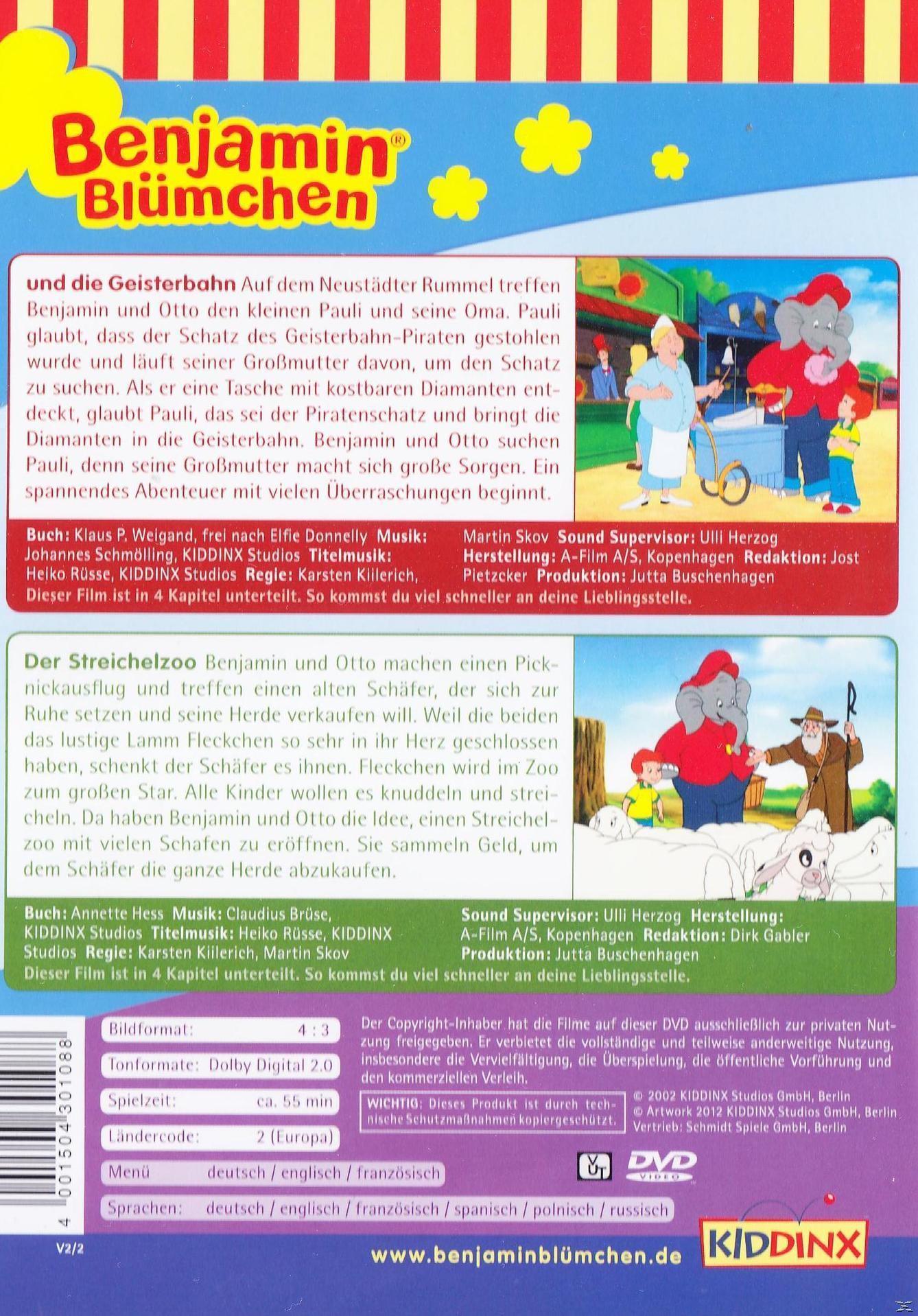 Cover der DVD: Benjamin Blümchen-Cartoon. Mehrere Zeichentrickfiguren und der DVD-Titel sind sichtbar.