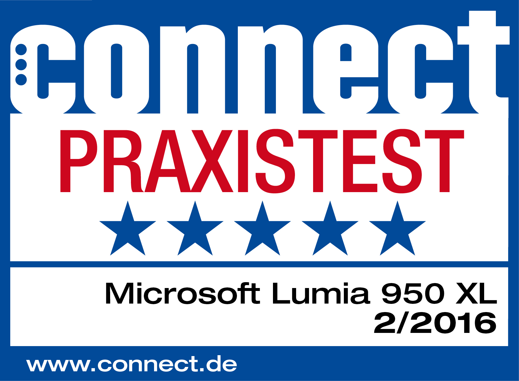 Connect Praxistest. Microsoft Lumia 950 XL, 5 Sterne, 2/2016. www.connect.de