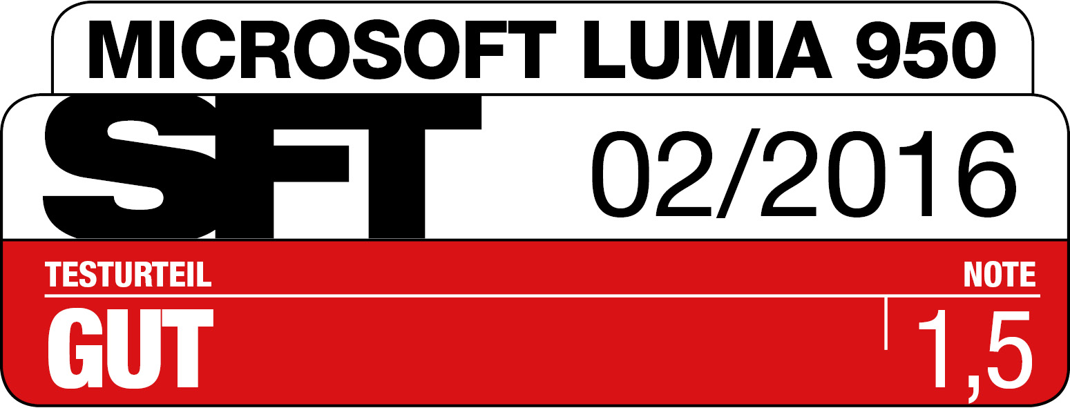 SFT Testlabel: Microsoft Lumia 950, Note Gut, Note 1,5. Veröffentlicht 02/2016