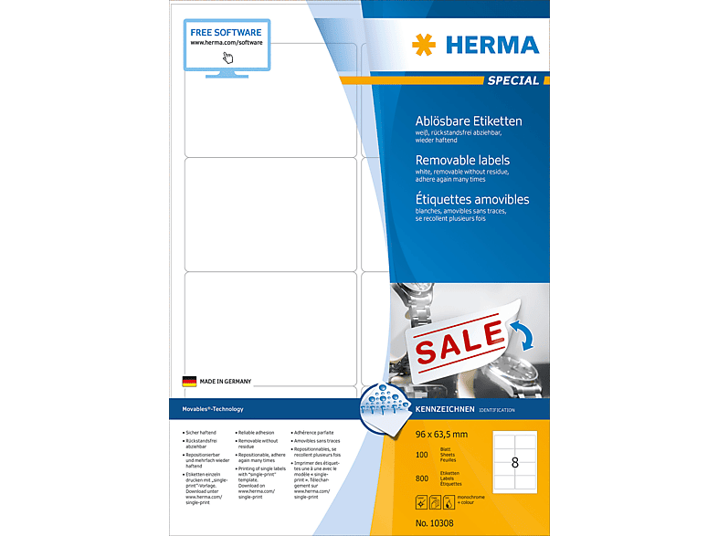 HERMA 96x63.5 A4 mm 10308 St. 800 Etiketten Ablösbare