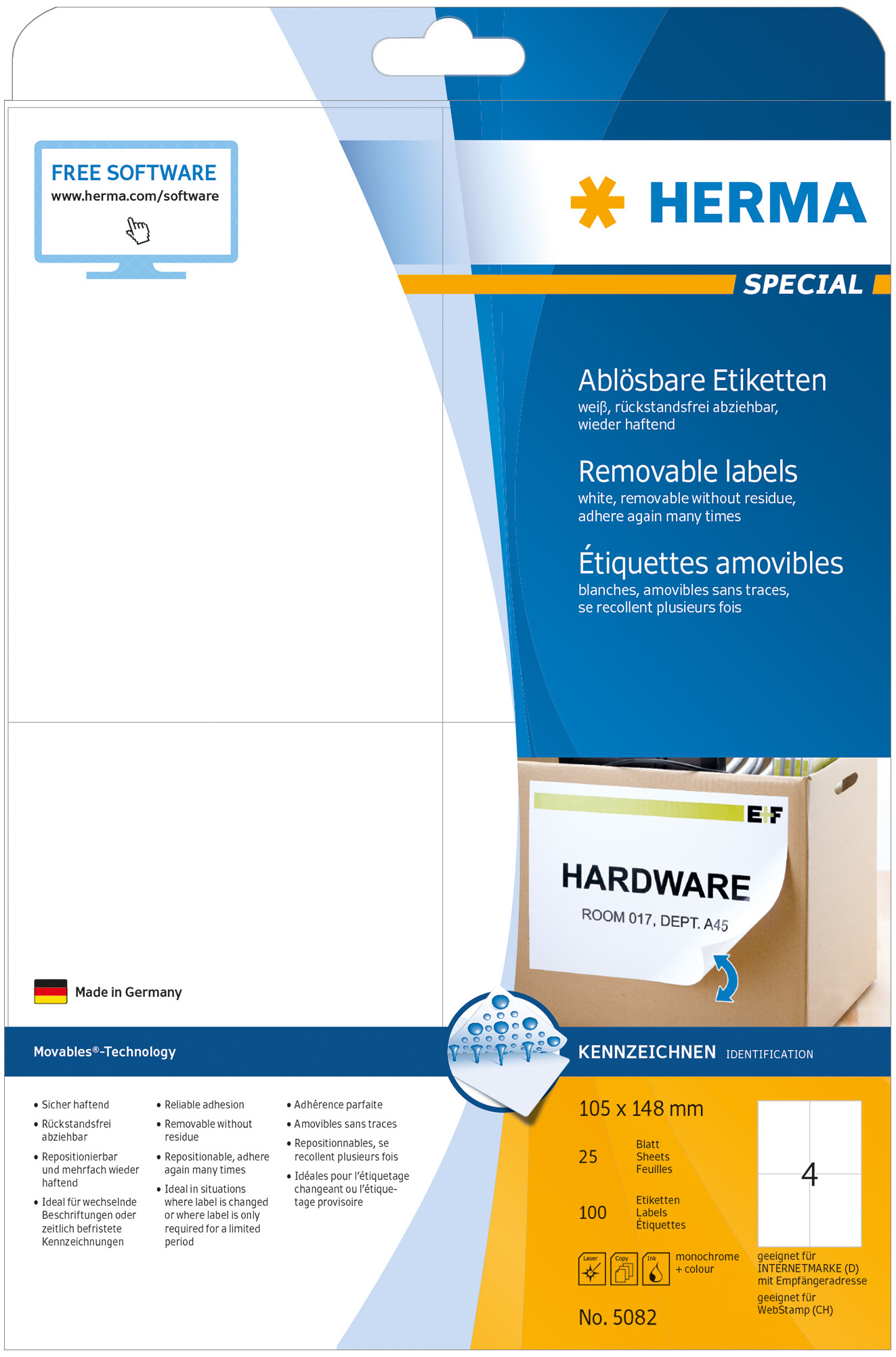 100 Ablösbare A4 5082 Etiketten 105x148 mm St. HERMA