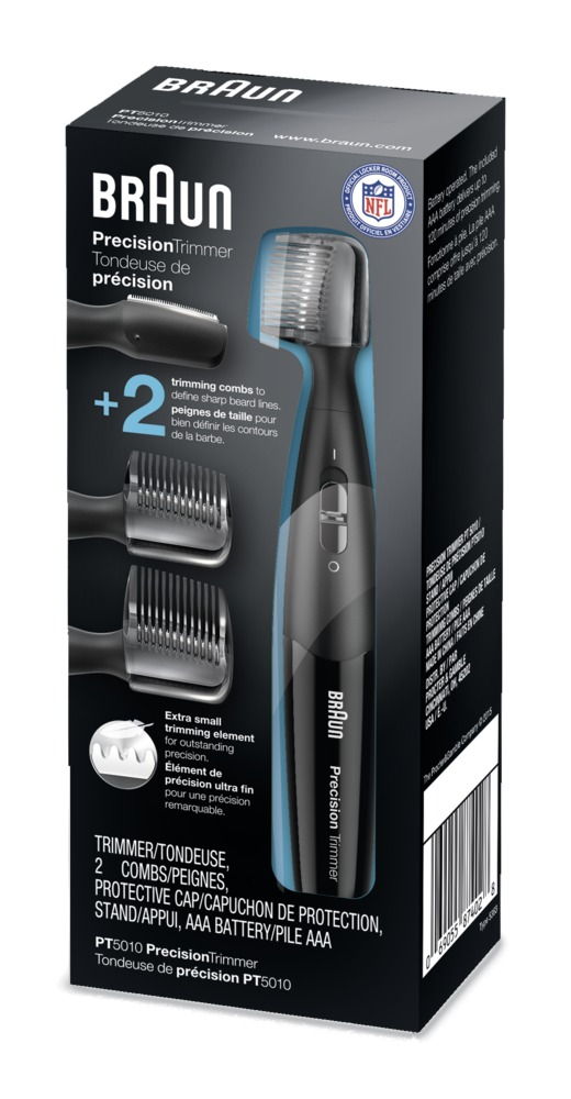 Braun Precision Trimmer doos, zwart en wit. Inclusief trimmer, kammen en accessoires.