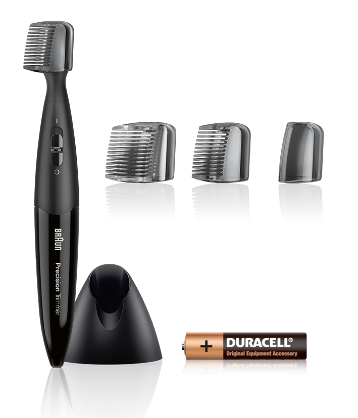 Braun Precision Trimmer met hulpstukken en Duracell batterij. Zwart en zilver design.