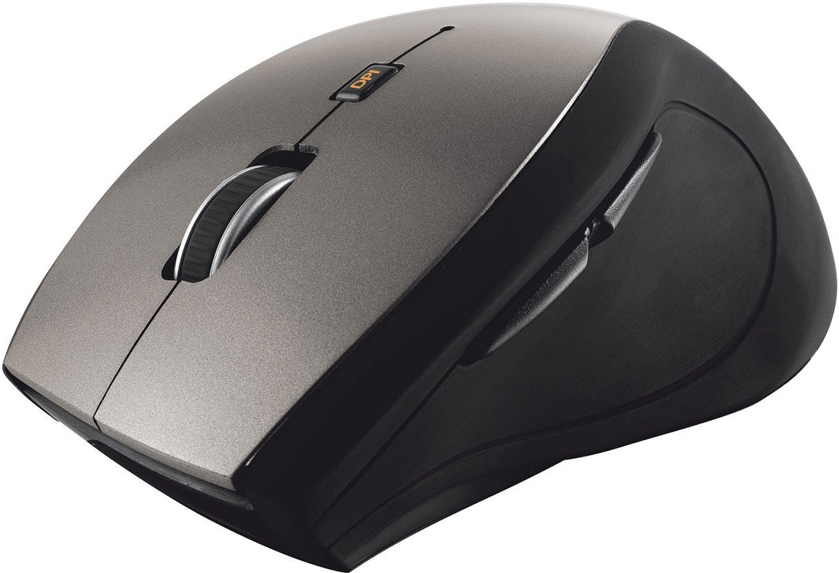 Een grijze en zwarte computermuis met een scrollwiel en DPI-knop.