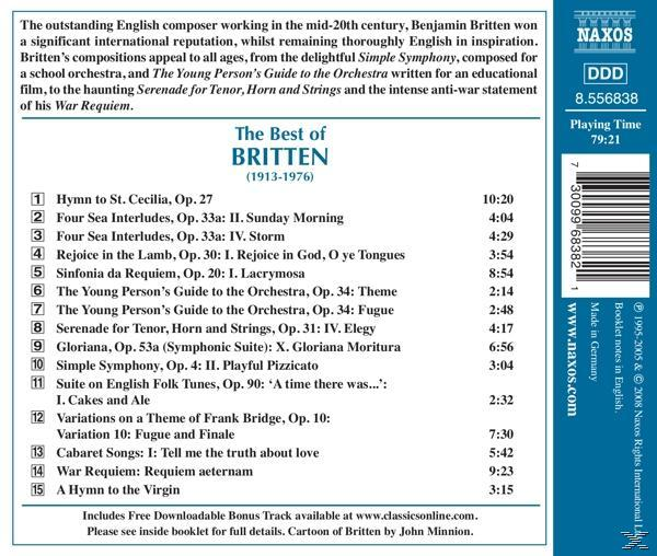 Rückseite einer CD-Hülle, blau und weiß. Text über Benjamin Britten und seine Kompositionen.