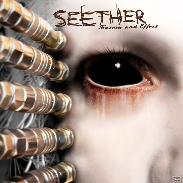 Albumcover mit Nahaufnahme eines Auges mit schwarzer Iris, metallische Röhren an der Seite.