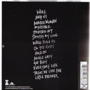 Albumcover mit einer Liste von Songtiteln in Weiß auf schwarzem Hintergrund.