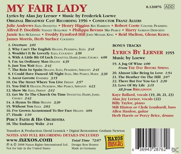 CD-Cover: Texte von My Fair Lady, Titelliste, Namen der Künstler und Logo von Naxos Musicals.