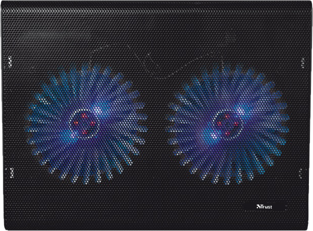 Fekete laptop hűtő két kék LED-es ventilátorral. A hűtő hálós felületű.