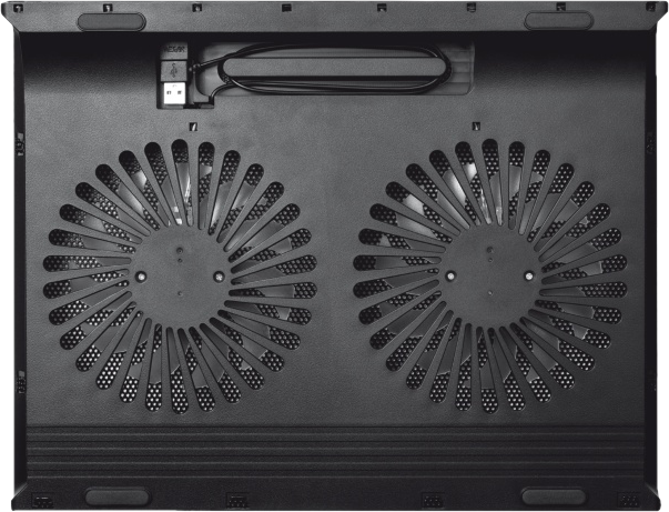 Fekete laptop hűtő két nagy ventilátorral. USB port és kábel is látható.