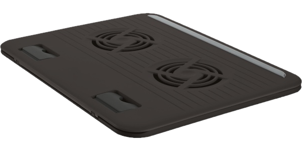 Sötétszürke laptop hűtőpad két ventilátorral és két támasztólábbal.