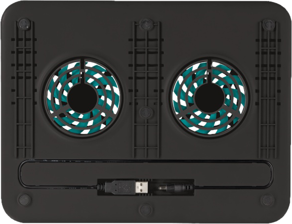 Egy fekete laptop hűtőállvány alja két ventilátorral és egy USB kábellel.