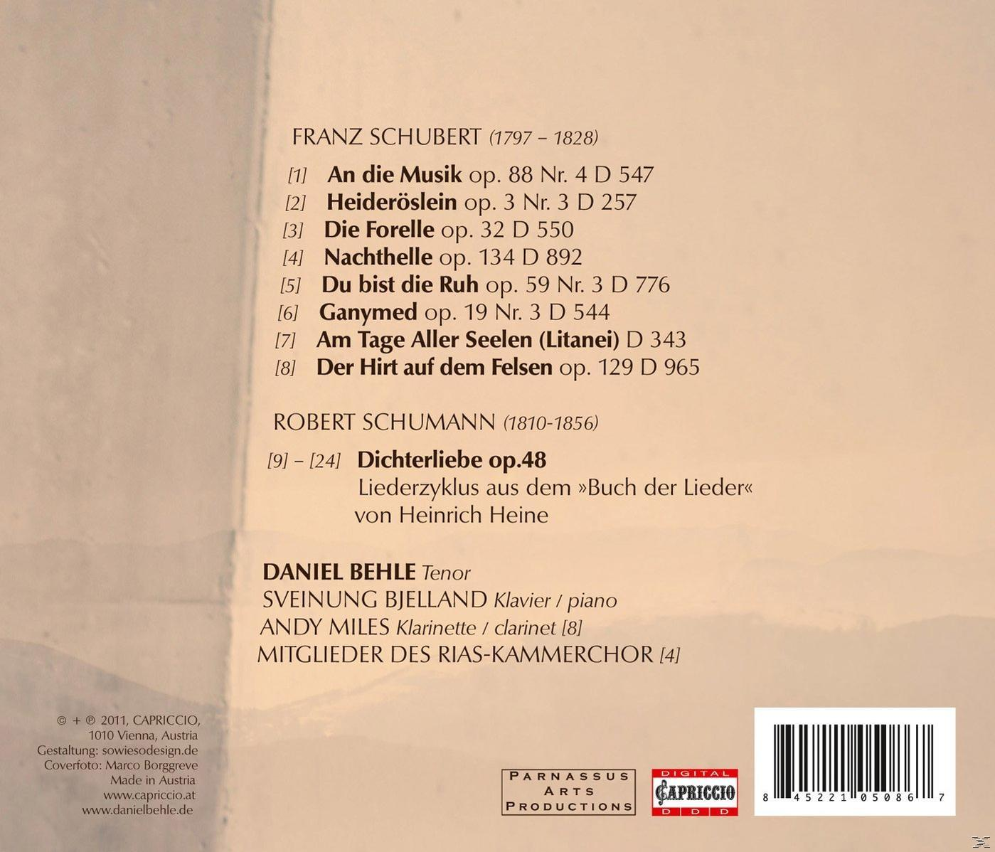 Rückseite einer CD-Hülle mit Text über Franz Schubert und Robert Schumann.