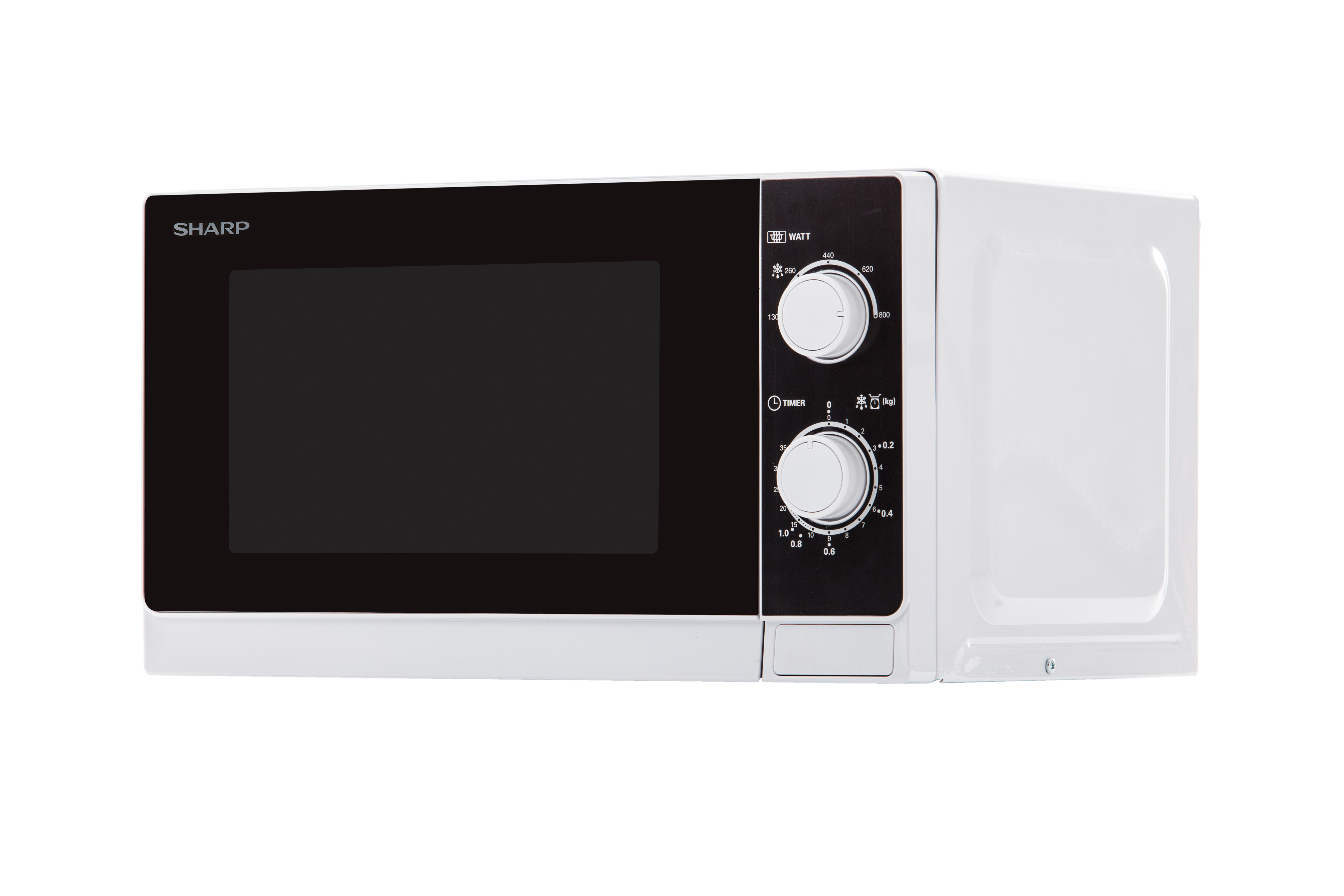 A white SHARP microwave oven with a black door and control panel.