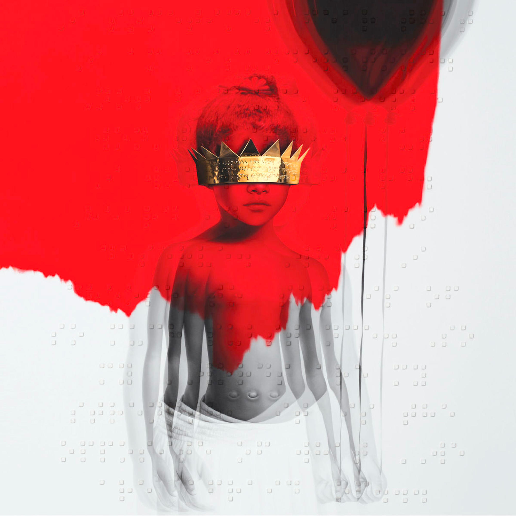 Rihanna album borító. Arany koronás gyermek, piros festék, fehér háttér, elmosódott hatás.