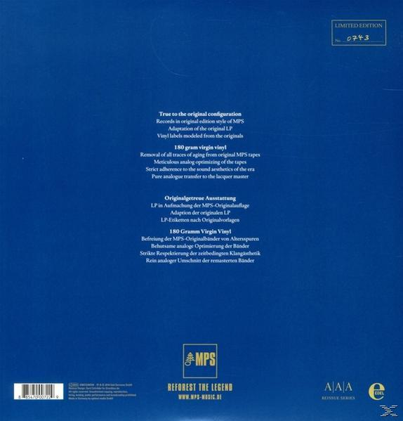 Blaues Albumcover mit Text, der die Eigenschaften der Schallplatte beschreibt, einschließlich '180 Gramm Virgin Vinyl'.