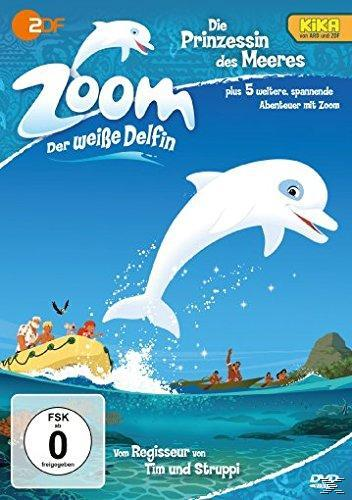 DVD-Cover. Animierter weißer Delfin. Cartoon-Leute in einem Boot. Blaues Meer.
